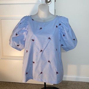 LOFT floral embroidered puff sleeve blouse medium
